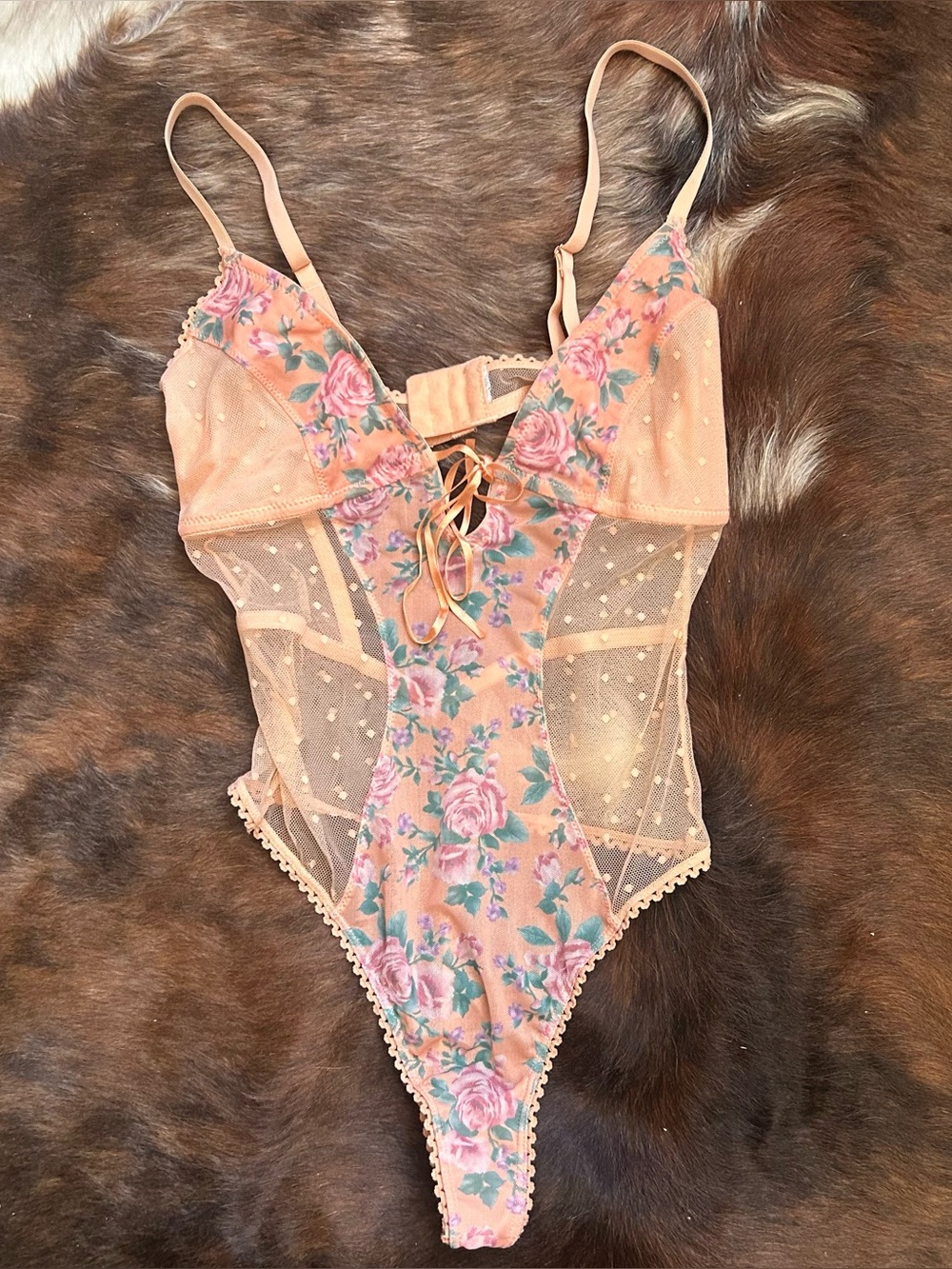 Peach Floral and Lace-Up Sheer Bodysuit